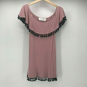 Eastnwest Label Dress Womens 2 Ribbed Pink Knit Black Pom Fringe Off Shoulder